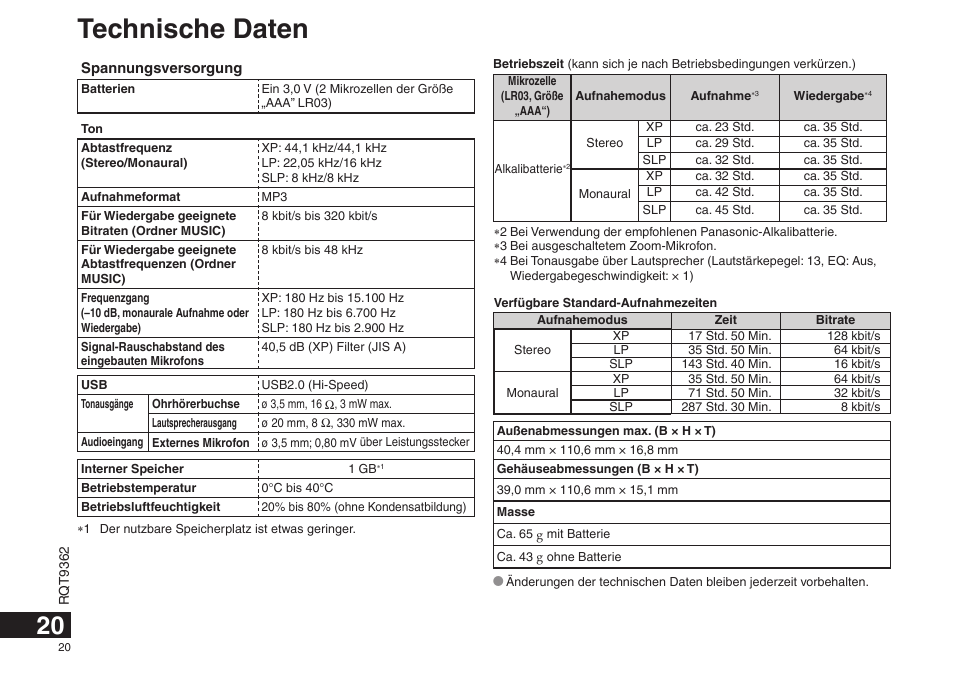 Technische daten | Panasonic RRUS570 User Manual | Page 20 / 200