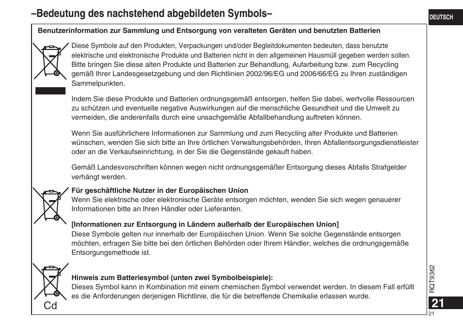 Bedeutung des nachstehend abgebildeten symbols | Panasonic RRUS570 User Manual | Page 21 / 200