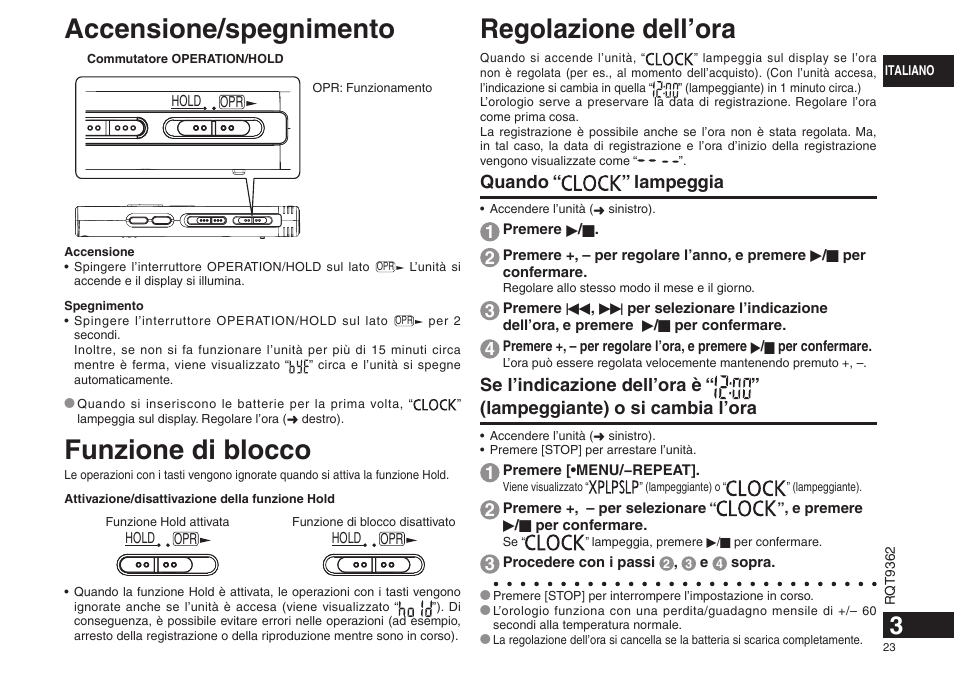 Accensione/spegnimento, Funzione di blocco, Regolazione dell’ora | Quando “ ” lampeggia | Panasonic RRUS570 User Manual | Page 23 / 200