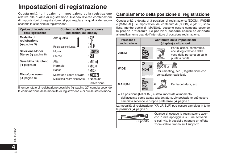 Impostazioni di registrazione, Cambiamento della posizione di registrazione | Panasonic RRUS570 User Manual | Page 24 / 200