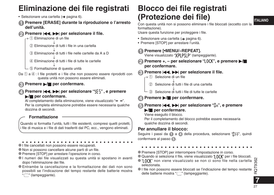 Eliminazione dei file registrati, Blocco dei file registrati (protezione dei file) | Panasonic RRUS570 User Manual | Page 27 / 200