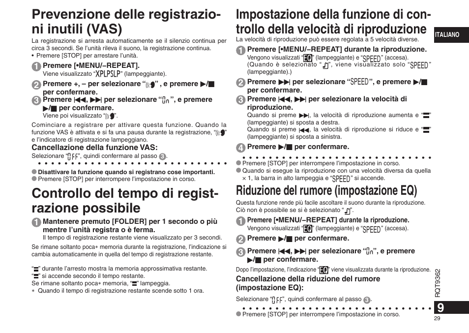 Controllo del tempo di regist- razione possibile, Prevenzione delle registrazio- ni inutili (vas), Riduzione del rumore (impostazione eq) | Panasonic RRUS570 User Manual | Page 29 / 200