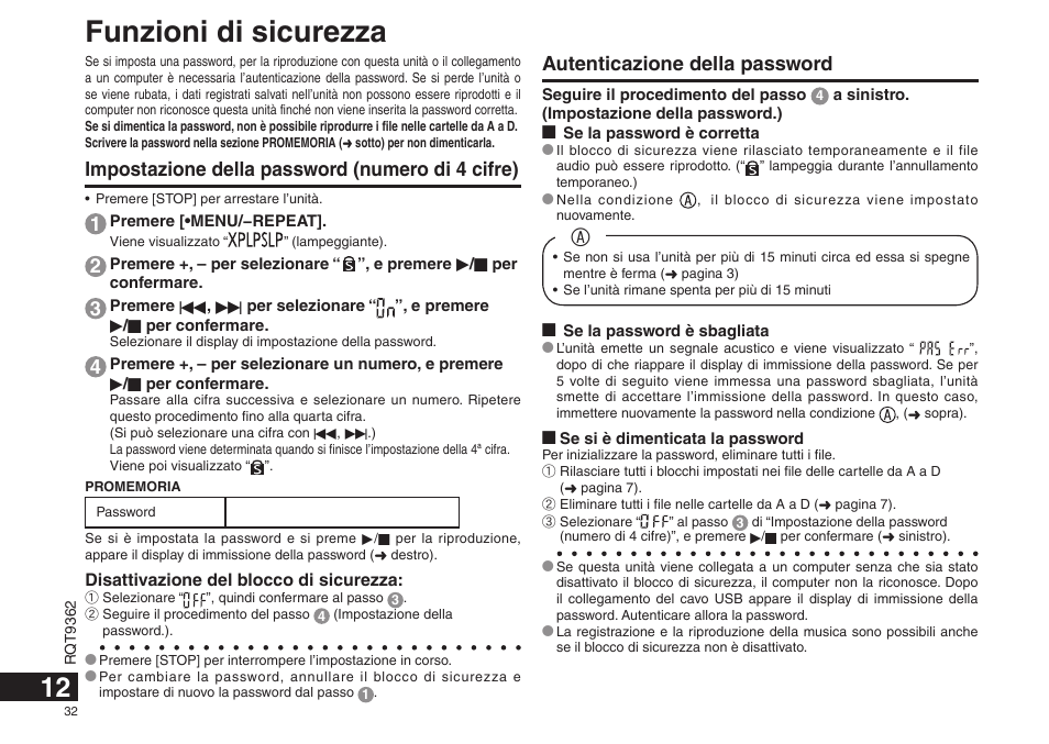 Funzioni di sicurezza, Impostazione della password (numero di 4 cifre), Autenticazione della password | Panasonic RRUS570 User Manual | Page 32 / 200