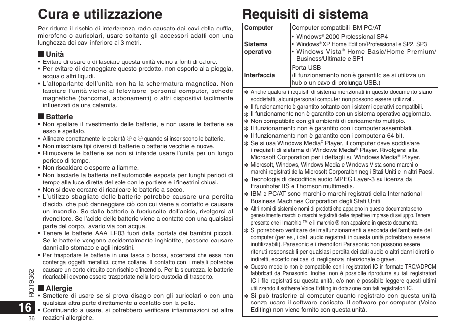 Requisiti di sistema, Cura e utilizzazione | Panasonic RRUS570 User Manual | Page 36 / 200