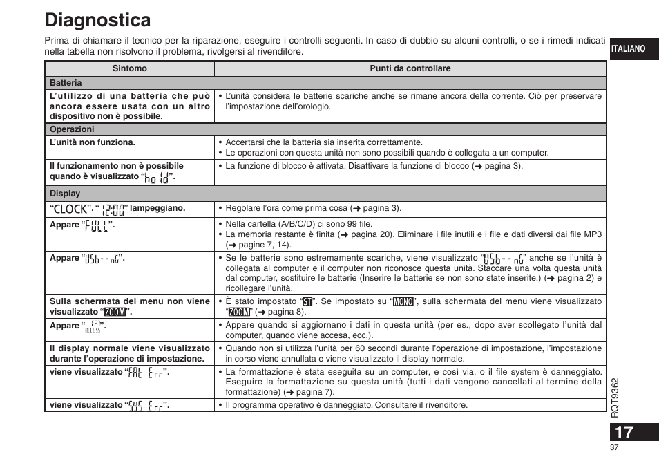 Diagnostica | Panasonic RRUS570 User Manual | Page 37 / 200