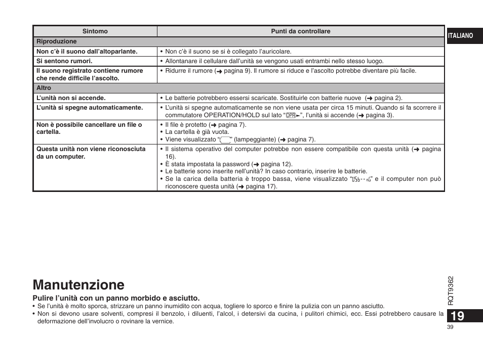 Manutenzione | Panasonic RRUS570 User Manual | Page 39 / 200