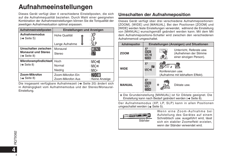 Aufnahmeeinstellungen, Umschalten der aufnahmeposition | Panasonic RRUS570 User Manual | Page 4 / 200