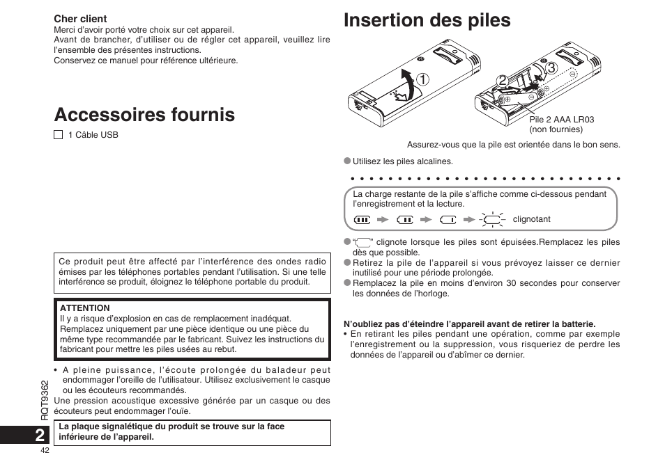 Accessoires fournis, Insertion des piles | Panasonic RRUS570 User Manual | Page 42 / 200