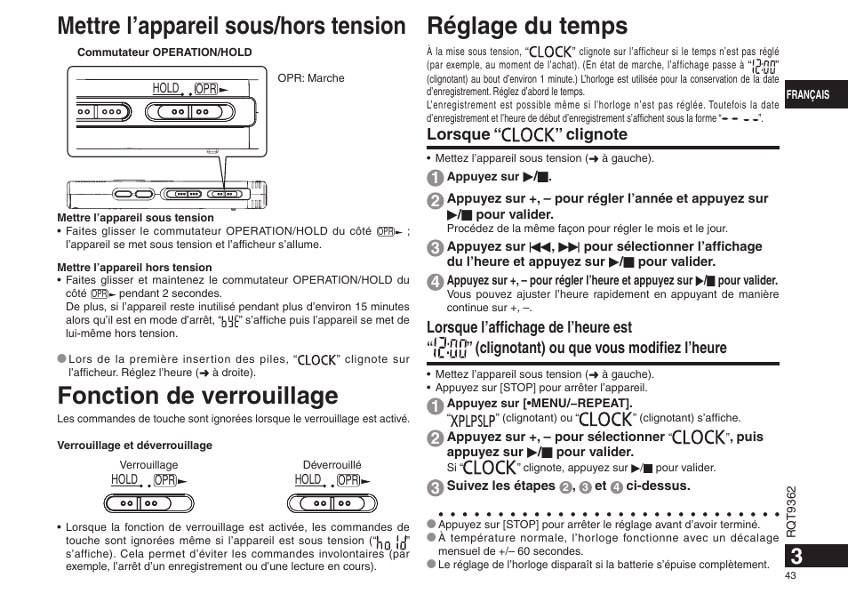 Mettre l’appareil sous/hors tension, Fonction de verrouillage réglage du temps | Panasonic RRUS570 User Manual | Page 43 / 200