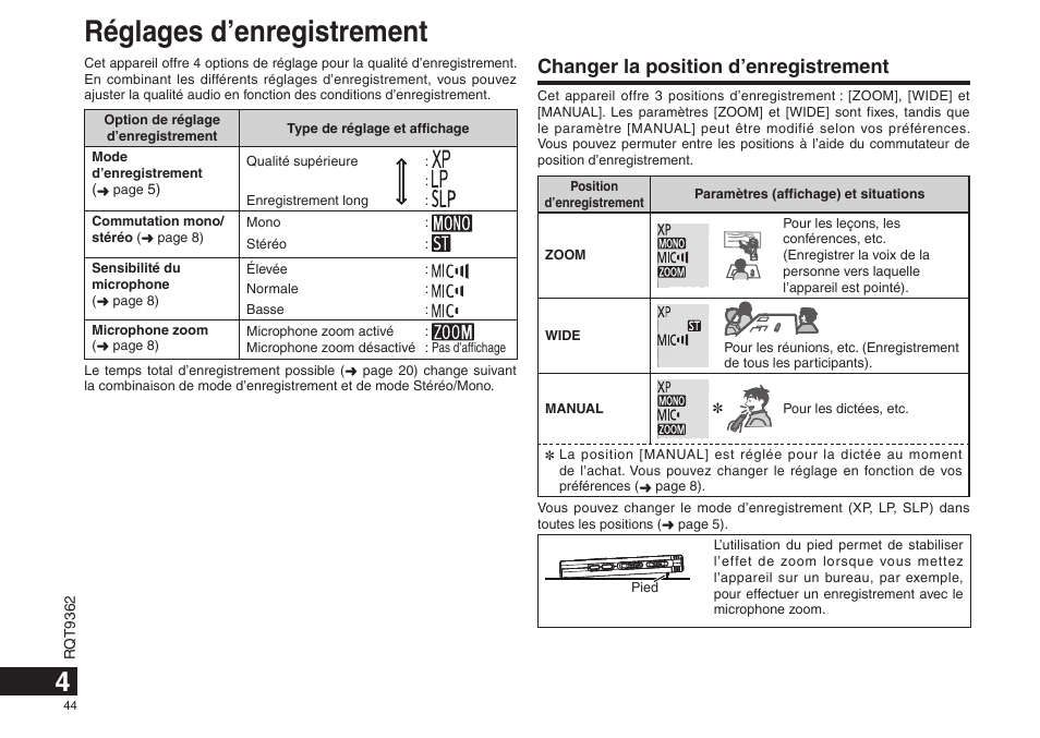 Réglages d’enregistrement, Changer la position d’enregistrement | Panasonic RRUS570 User Manual | Page 44 / 200