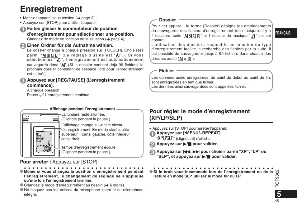 Enregistrement, Pour régler le mode d’enregistrement (xp/lp/slp) | Panasonic RRUS570 User Manual | Page 45 / 200