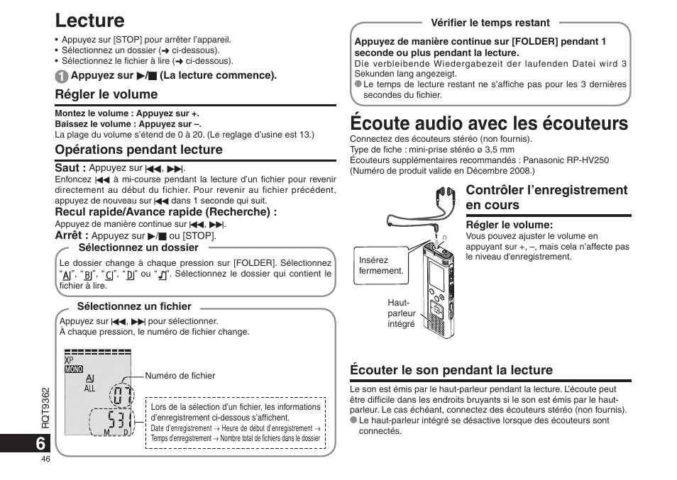 Lecture, Écoute audio avec les écouteurs, Régler le volume | Opérations pendant lecture, Contrôler l’enregistrement en cours, Écouter le son pendant la lecture | Panasonic RRUS570 User Manual | Page 46 / 200