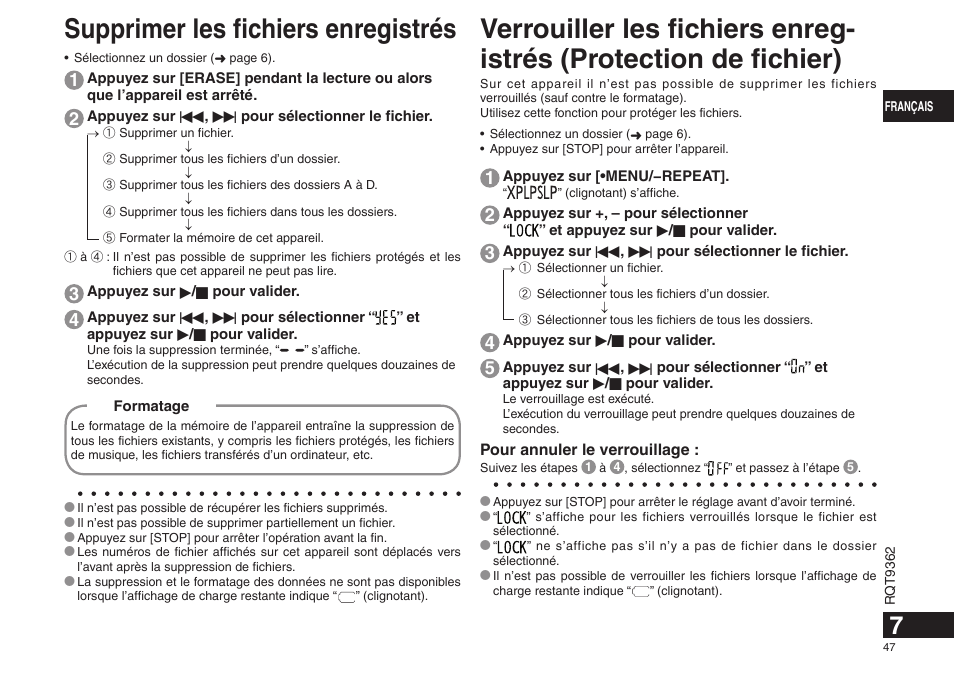 Supprimer les fichiers enregistrés | Panasonic RRUS570 User Manual | Page 47 / 200