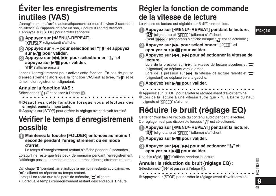 Vérifier le temps d’enregistrement possible, Éviter les enregistrements inutiles (vas), Réduire le bruit (réglage eq) | Panasonic RRUS570 User Manual | Page 49 / 200