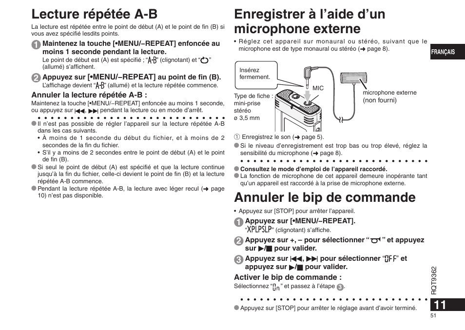 Lecture répétée a-b, Enregistrer à l’aide d’un microphone externe, Annuler le bip de commande | Panasonic RRUS570 User Manual | Page 51 / 200