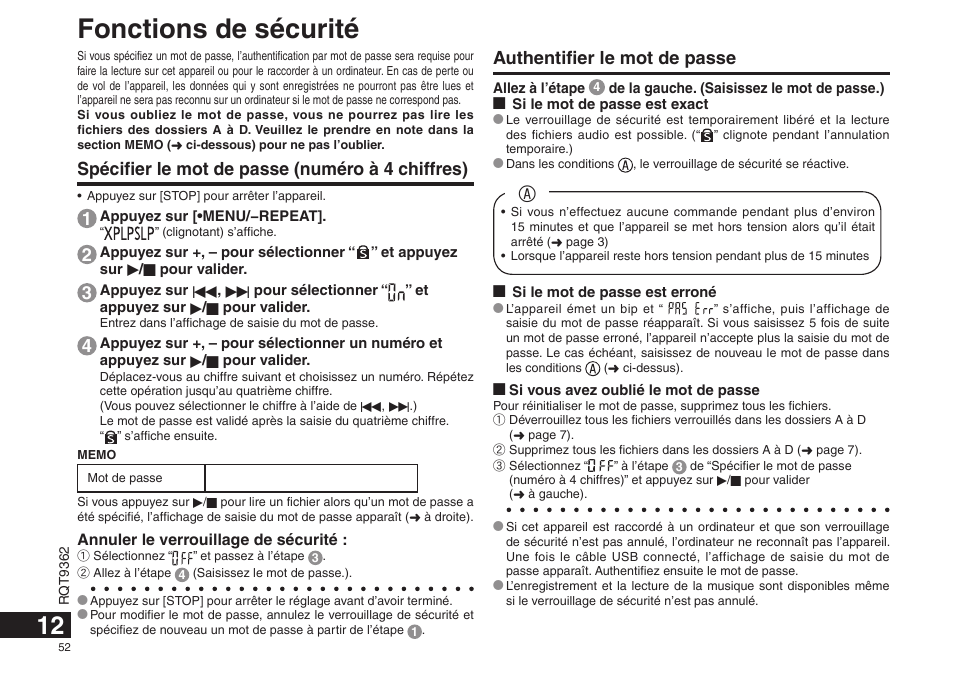 Fonctions de sécurité, Spécifier le mot de passe (numéro à 4 chiffres), Authentifier le mot de passe | Panasonic RRUS570 User Manual | Page 52 / 200