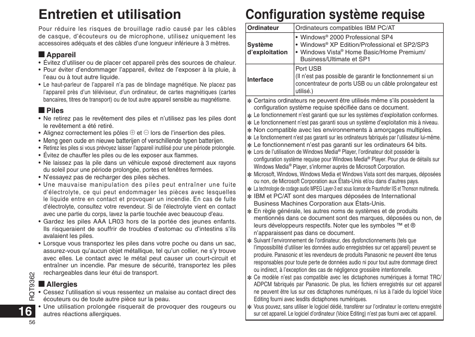 Configuration système requise, Entretien et utilisation | Panasonic RRUS570 User Manual | Page 56 / 200