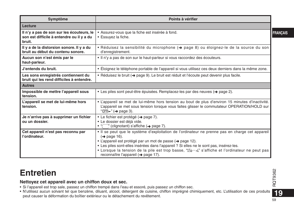 Entretien | Panasonic RRUS570 User Manual | Page 59 / 200