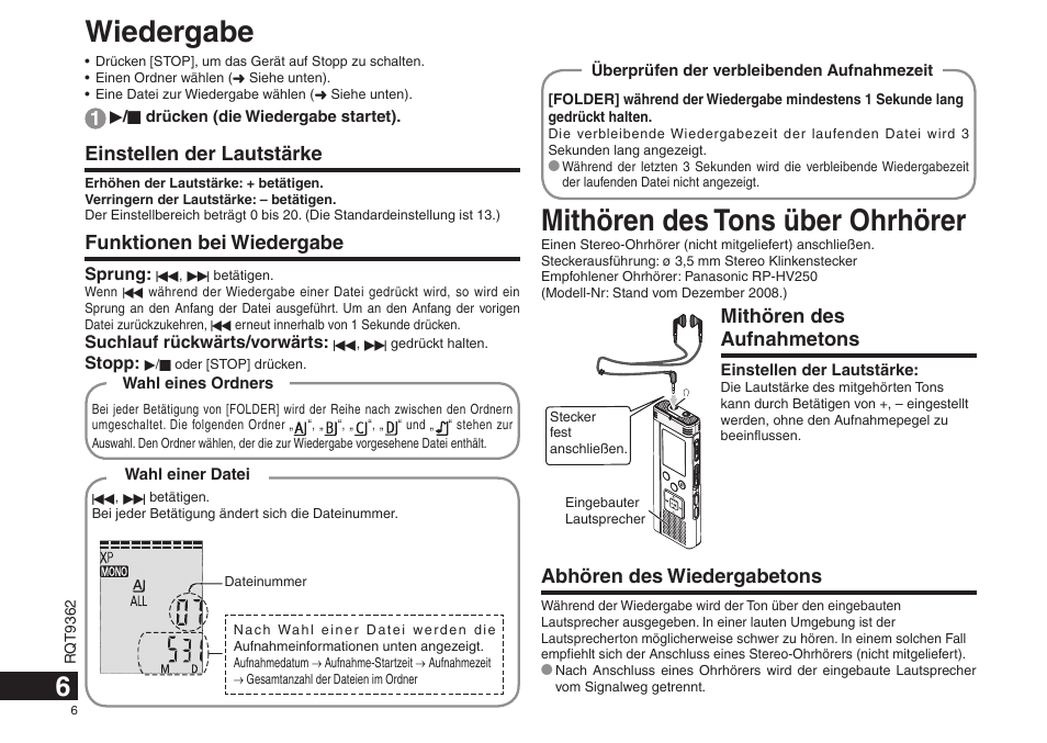 Wiedergabe, Mithören des tons über ohrhörer, Einstellen der lautstärke | Funktionen bei wiedergabe, Mithören des aufnahmetons, Abhören des wiedergabetons | Panasonic RRUS570 User Manual | Page 6 / 200