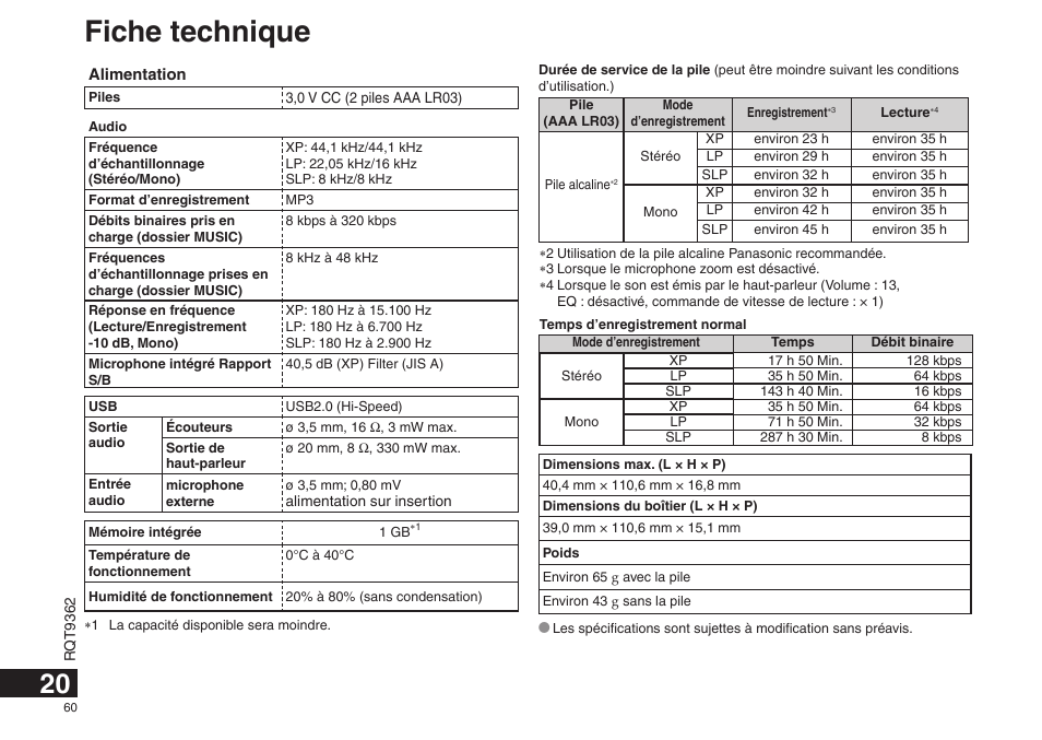 Fiche technique | Panasonic RRUS570 User Manual | Page 60 / 200