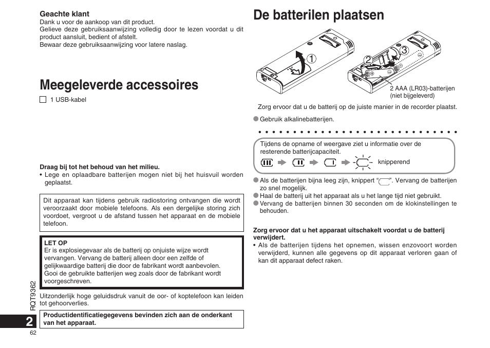 Meegeleverde accessoires, De batterilen plaatsen | Panasonic RRUS570 User Manual | Page 62 / 200