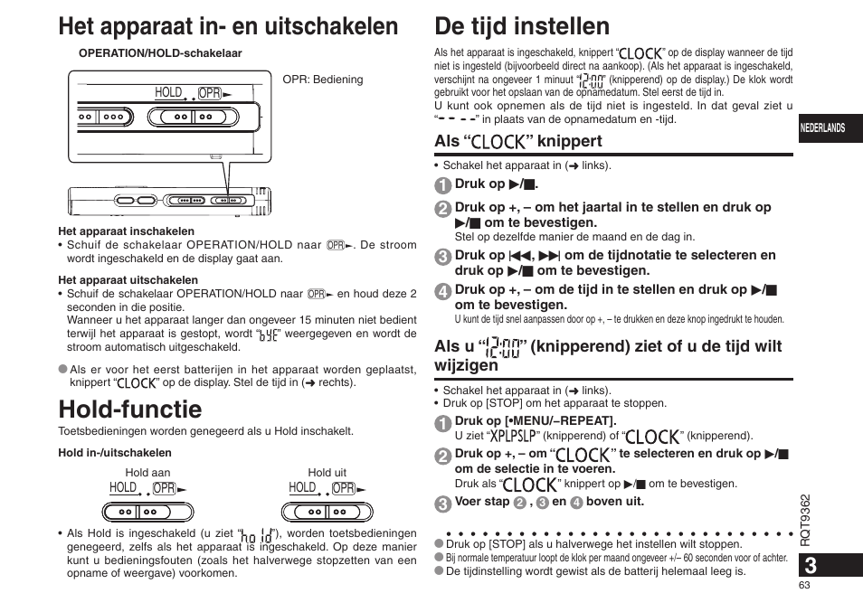 Het apparaat in- en uitschakelen, Hold-functie de tijd instellen, Als “ ” knippert | Panasonic RRUS570 User Manual | Page 63 / 200