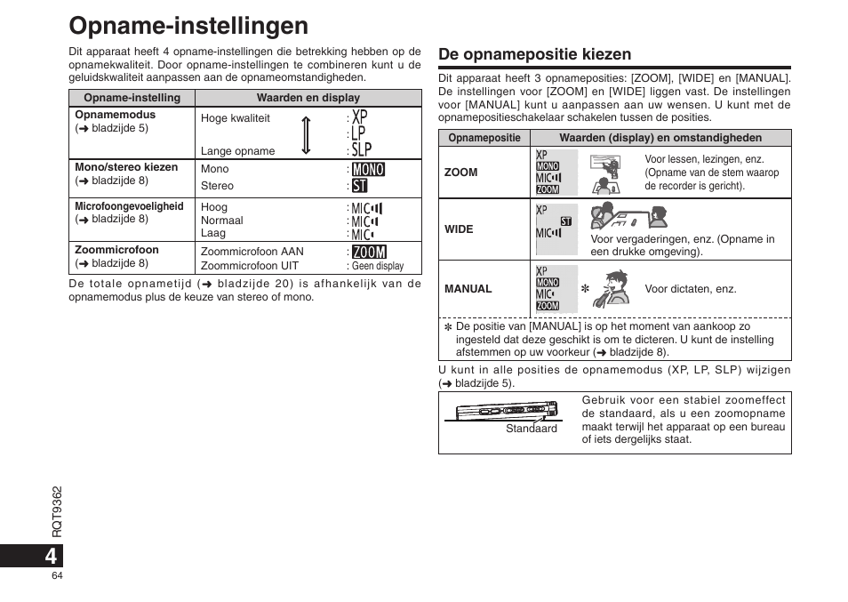 Opname-instellingen, De opnamepositie kiezen | Panasonic RRUS570 User Manual | Page 64 / 200