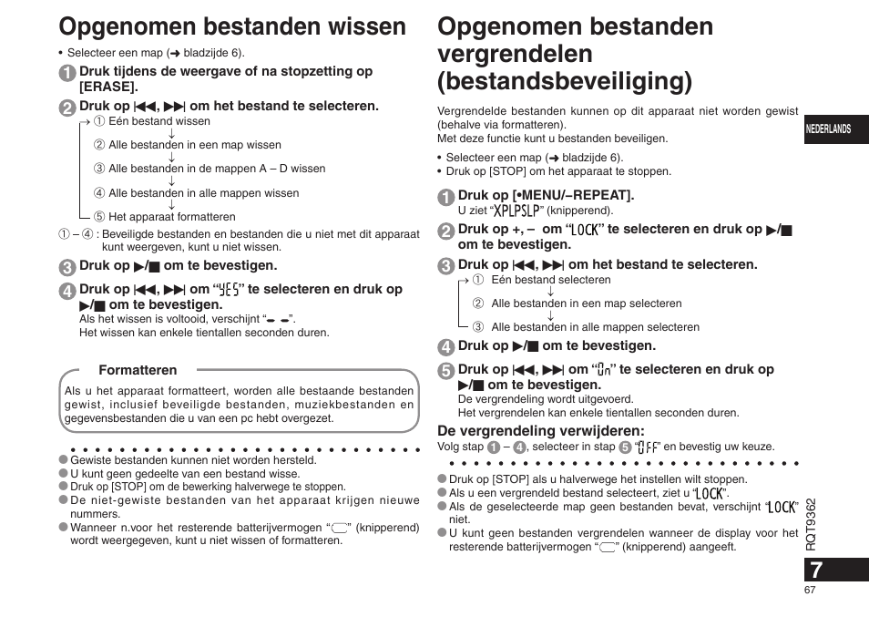 Opgenomen bestanden wissen | Panasonic RRUS570 User Manual | Page 67 / 200