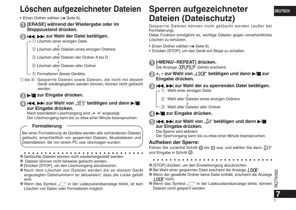 Löschen aufgezeichneter dateien, Sperren aufgezeichneter dateien (dateischutz) | Panasonic RRUS570 User Manual | Page 7 / 200