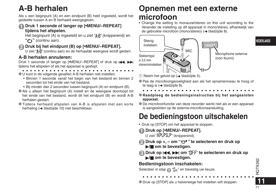 A-b herhalen, Opnemen met een externe microfoon, De bedieningstoon uitschakelen | Panasonic RRUS570 User Manual | Page 71 / 200