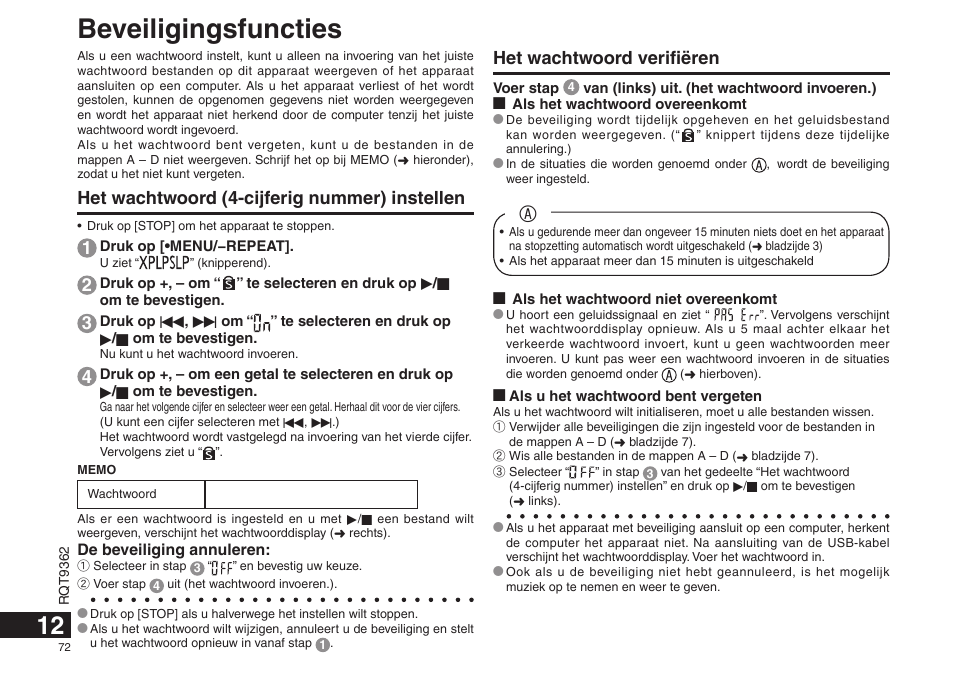 Beveiligingsfuncties, Het wachtwoord (4-cijferig nummer) instellen, Het wachtwoord verifiëren | Panasonic RRUS570 User Manual | Page 72 / 200