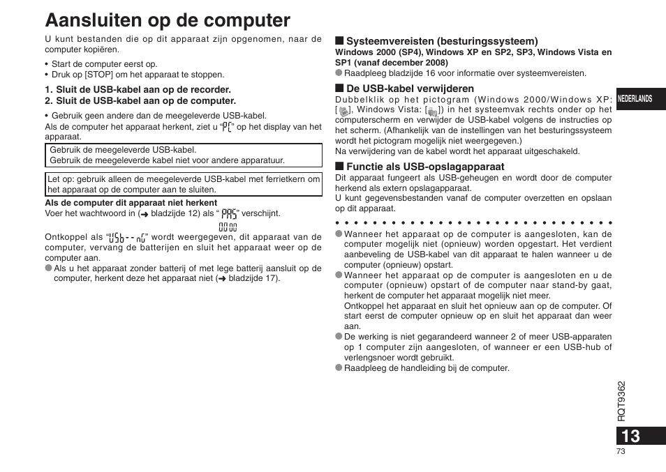 Aansluiten op de computer | Panasonic RRUS570 User Manual | Page 73 / 200