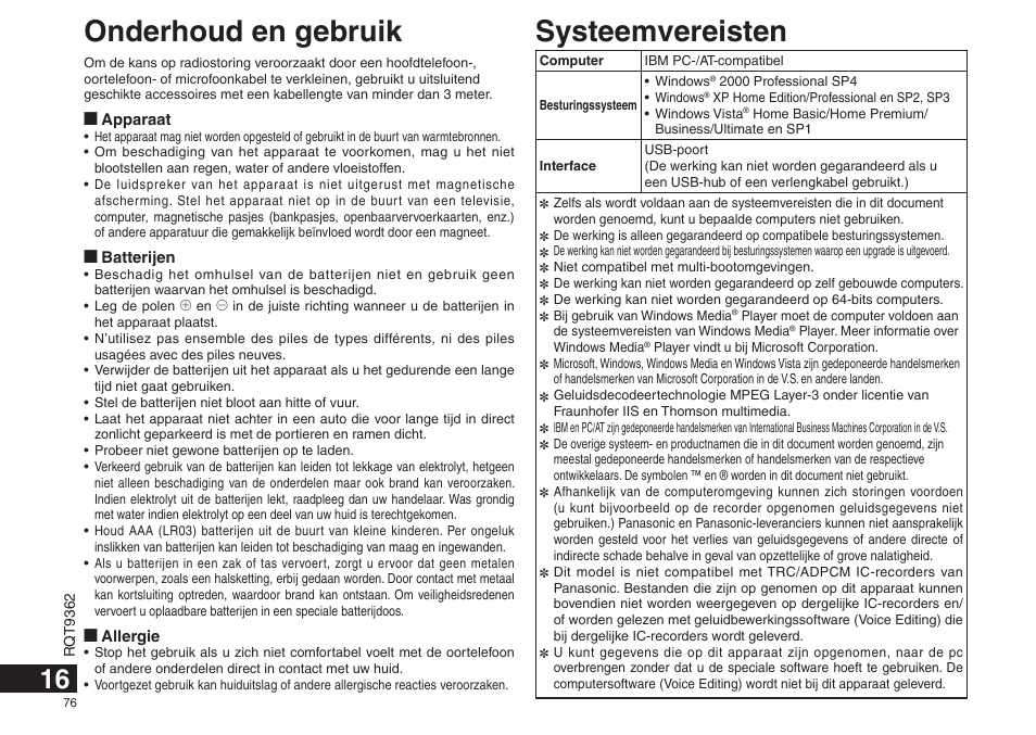 Systeemvereisten, Onderhoud en gebruik | Panasonic RRUS570 User Manual | Page 76 / 200