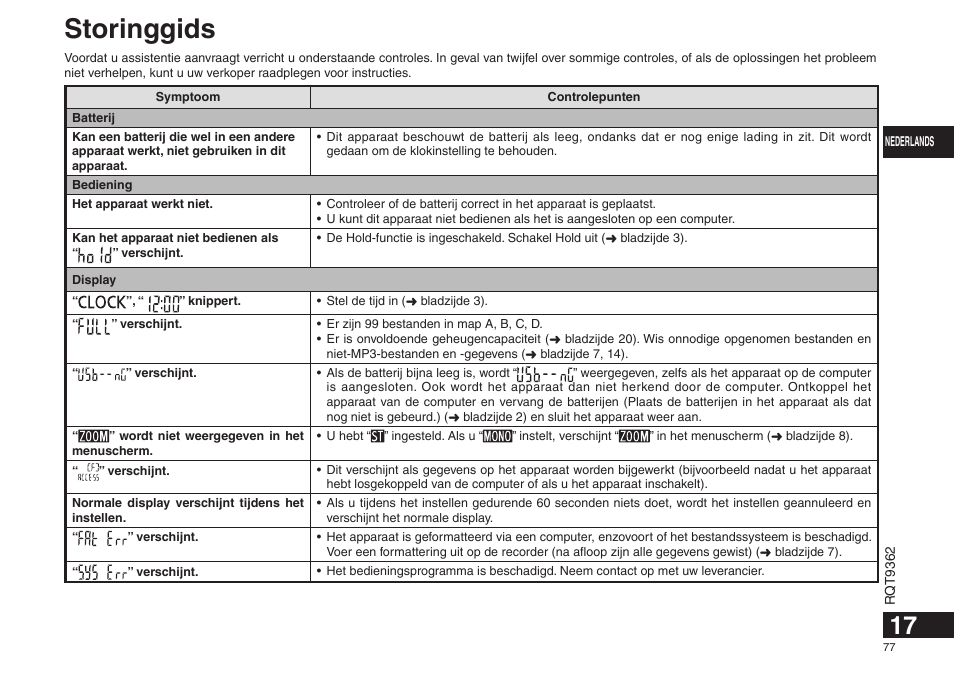 Storinggids | Panasonic RRUS570 User Manual | Page 77 / 200