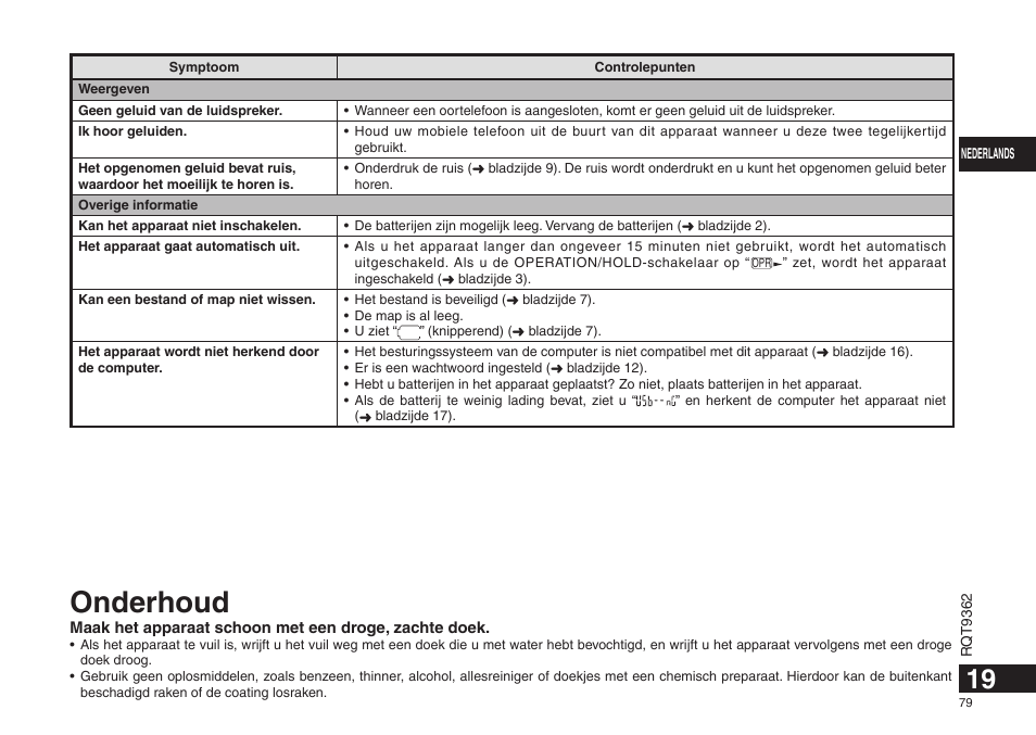 Onderhoud | Panasonic RRUS570 User Manual | Page 79 / 200