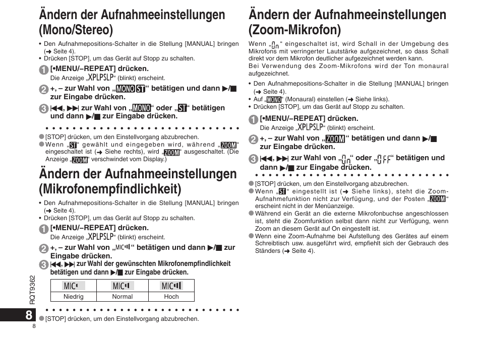 Ändern der aufnahmeeinstellungen (mono/stereo), Ändern der aufnahmeeinstellungen (zoom-mikrofon) | Panasonic RRUS570 User Manual | Page 8 / 200