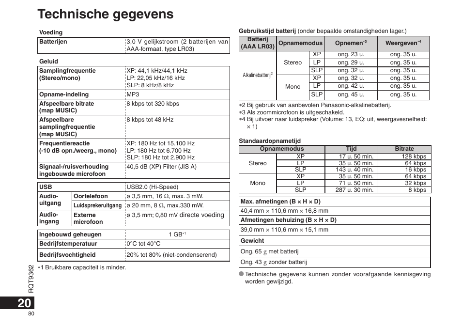 Technische gegevens | Panasonic RRUS570 User Manual | Page 80 / 200