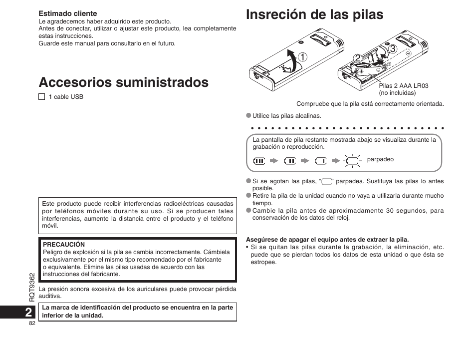 Accesorios suministrados, Insreción de las pilas | Panasonic RRUS570 User Manual | Page 82 / 200