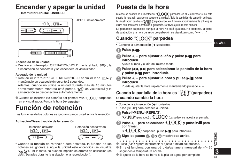 Encender y apagar la unidad, Función de retención, Puesta de la hora | Cuando “ ” parpadea | Panasonic RRUS570 User Manual | Page 83 / 200