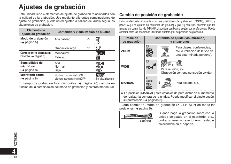 Ajustes de grabación, Cambio de posición de grabación | Panasonic RRUS570 User Manual | Page 84 / 200