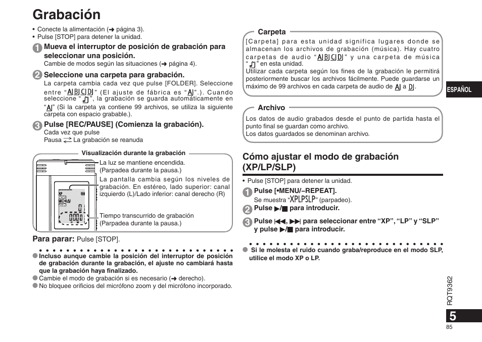 Grabación, Cómo ajustar el modo de grabación (xp/lp/slp) | Panasonic RRUS570 User Manual | Page 85 / 200