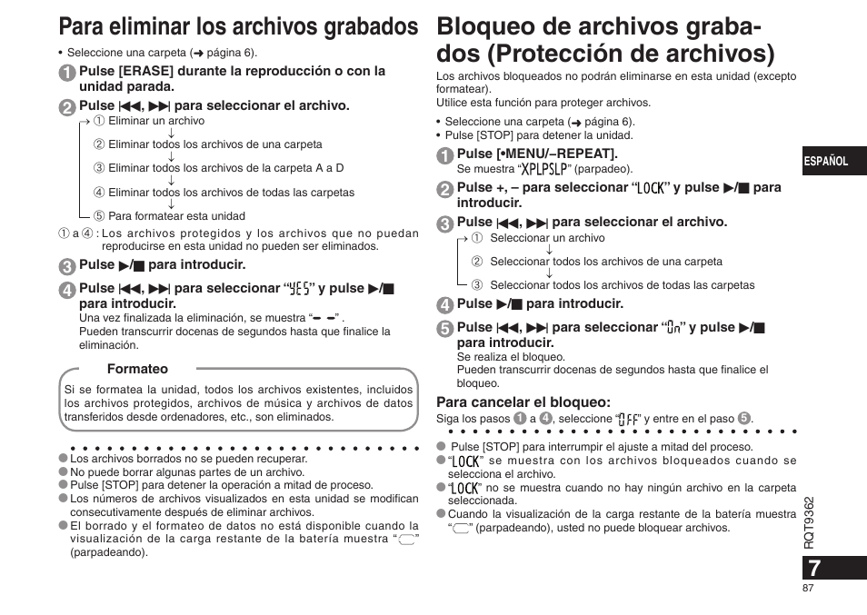 Para eliminar los archivos grabados | Panasonic RRUS570 User Manual | Page 87 / 200