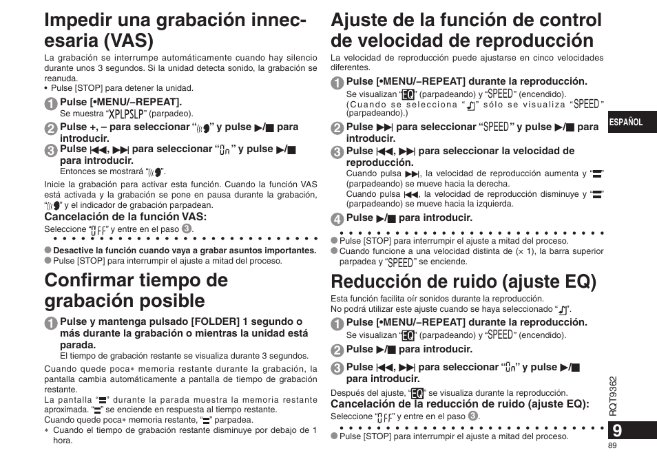 Confirmar tiempo de grabación posible, Impedir una grabación innec- esaria (vas), Reducción de ruido (ajuste eq) | Panasonic RRUS570 User Manual | Page 89 / 200