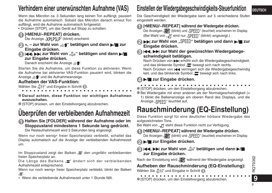 Überprüfen der verbleibenden aufnahmezeit, Verhindern einer unerwünschten aufnahme (vas), Rauschminderung (eq-einstellung) | Speed | Panasonic RRUS570 User Manual | Page 9 / 200