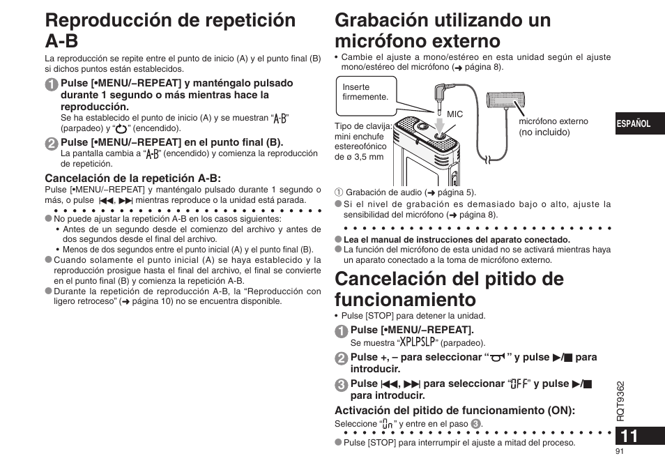 Reproducción de repetición a-b, Grabación utilizando un micrófono externo, Cancelación del pitido de funcionamiento | Panasonic RRUS570 User Manual | Page 91 / 200