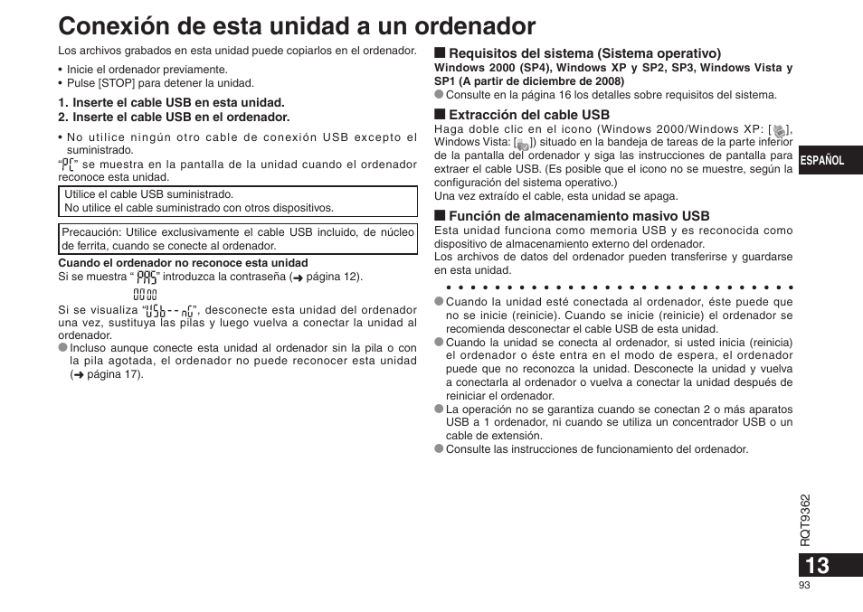 Conexión de esta unidad a un ordenador | Panasonic RRUS570 User Manual | Page 93 / 200