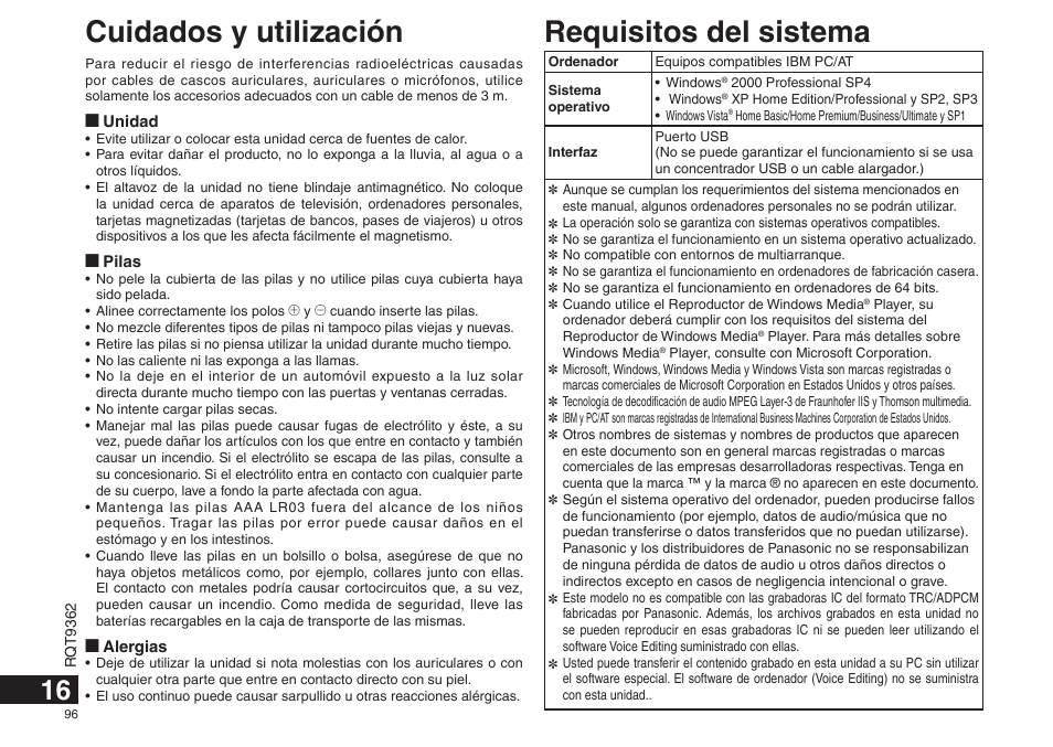 Requisitos del sistema, Cuidados y utilización | Panasonic RRUS570 User Manual | Page 96 / 200