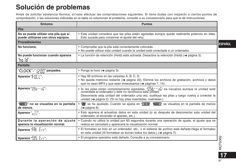 Solución de problemas | Panasonic RRUS570 User Manual | Page 97 / 200