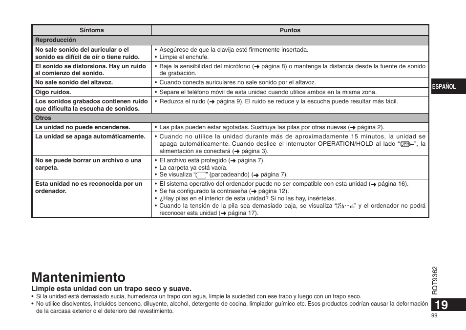 Mantenimiento | Panasonic RRUS570 User Manual | Page 99 / 200
