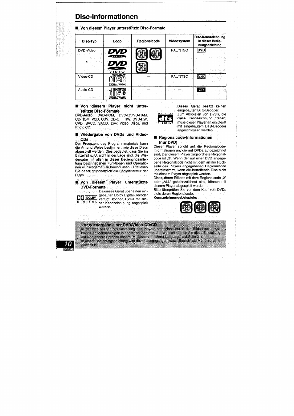 Disc-informationen, Disc-informationeh | Panasonic DVDPV40 User Manual | Page 10 / 86